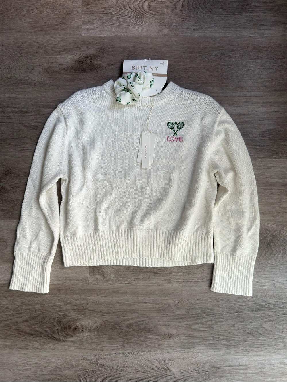 NWT BRIT.NY Tennis Love Embroidered Cotton Sweater & Scrunchie Set S